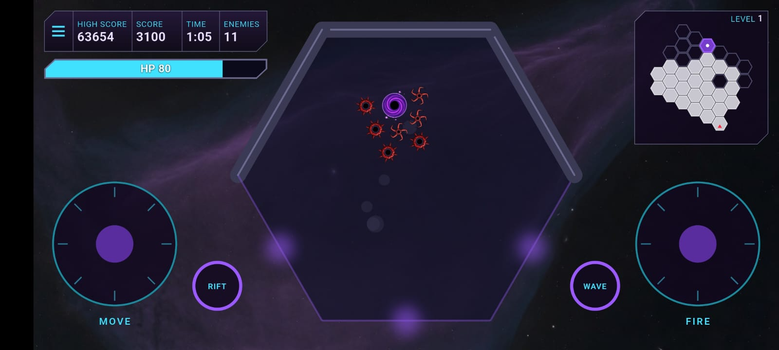 Level 1 cell with the player, red foes, joysticks, and the minimap