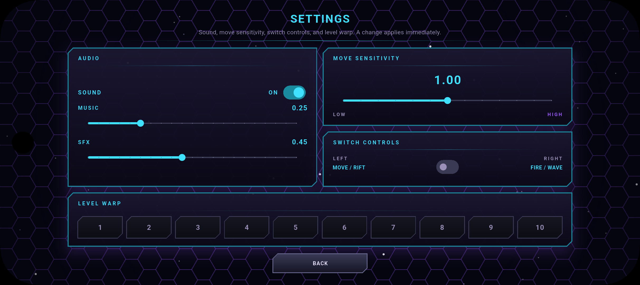 Settings for sound, move sensitivity, switched controls, and level warp
